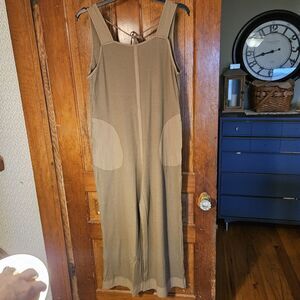 Khaki Green Waffle Texture Wide-Leg Romper Jumpsuit with Pockets & Open Back NEW